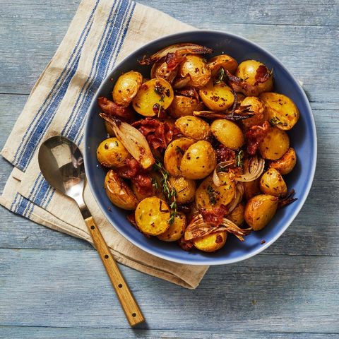 bacon roasted potatoes in a blue bowl