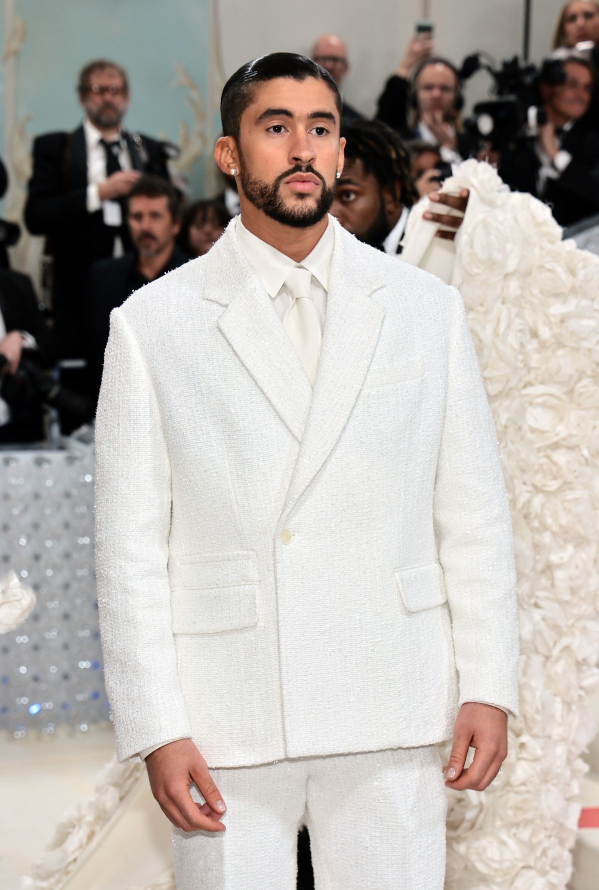 Bad Bunny Wears a Suave White Suit and Flowing Cape to Met Gala 2023