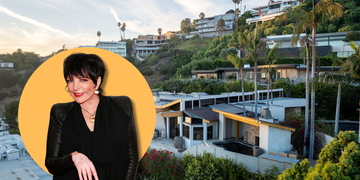 A hillside luxury home with modern architecture against a sunset background  with photo of Liza Minnelli overlaid on it