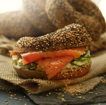 bagels toped with seeds and salmon schmear food