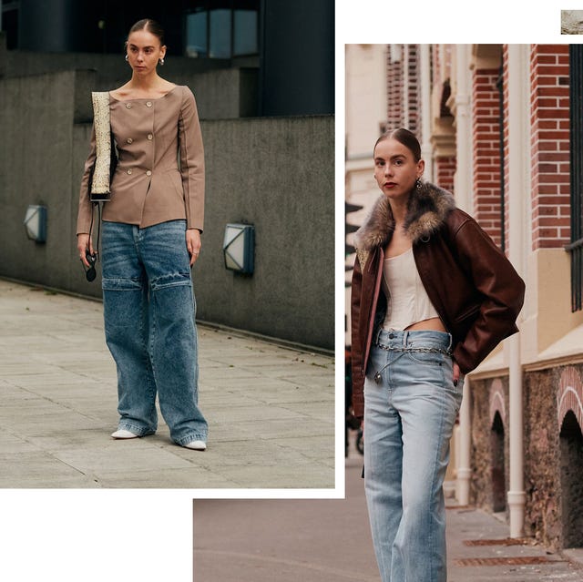 several groups of women wear baggy jeans at paris fashion week in a roundup of the best baggy jeans