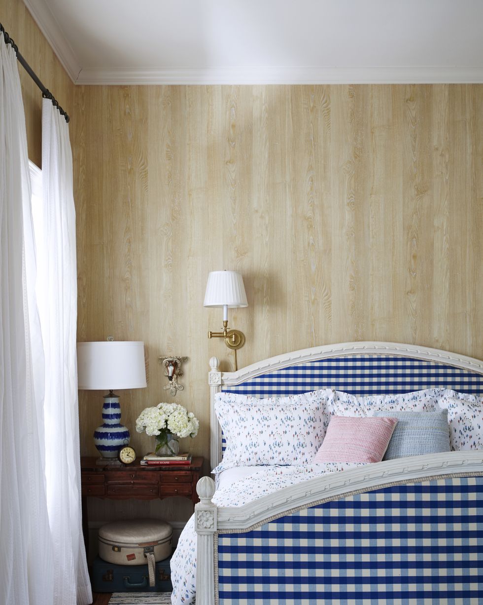 bailey mccarthy texas farmhouse bedroom with blue and white checked bed