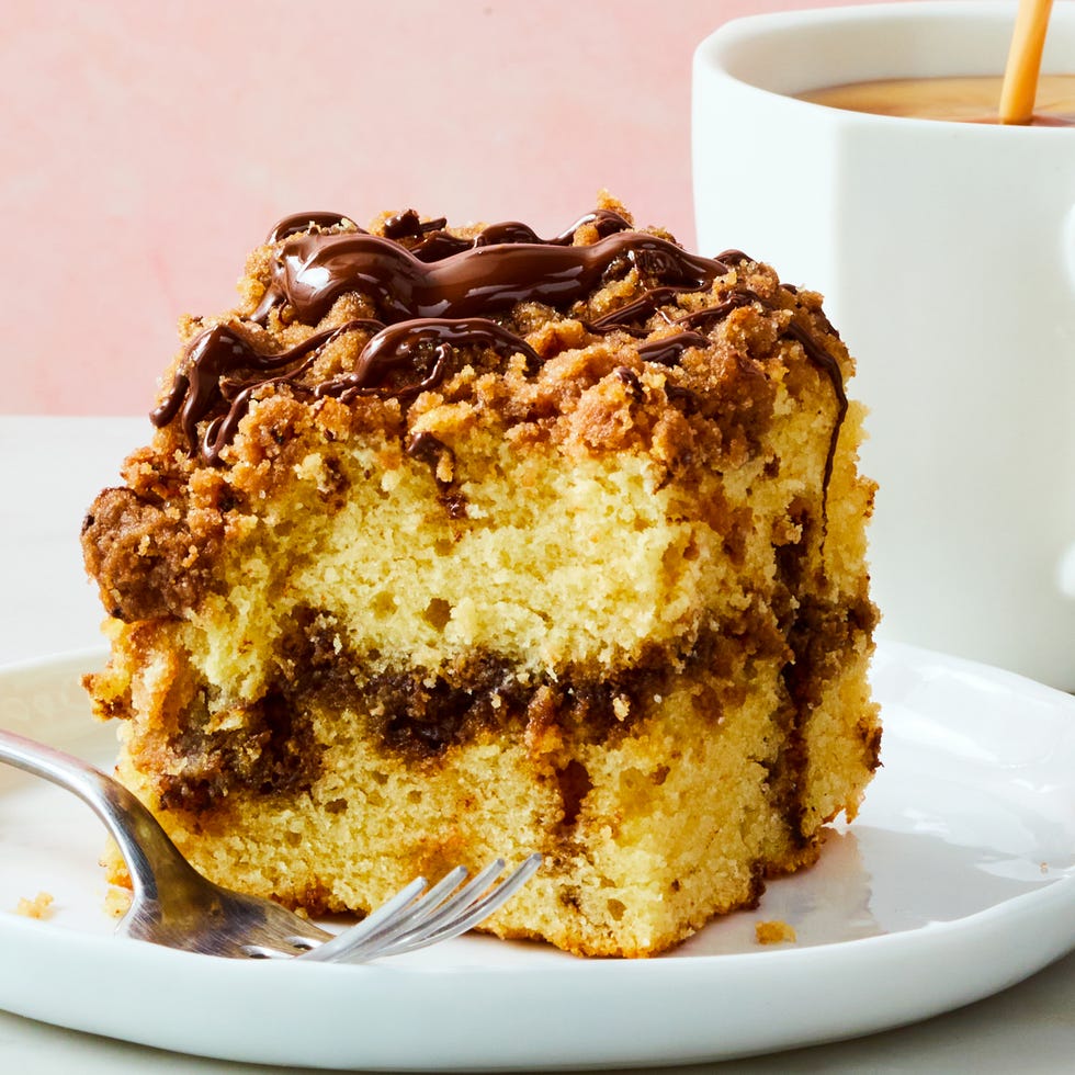coffee cake with a chocolate swirl and chocolate topping