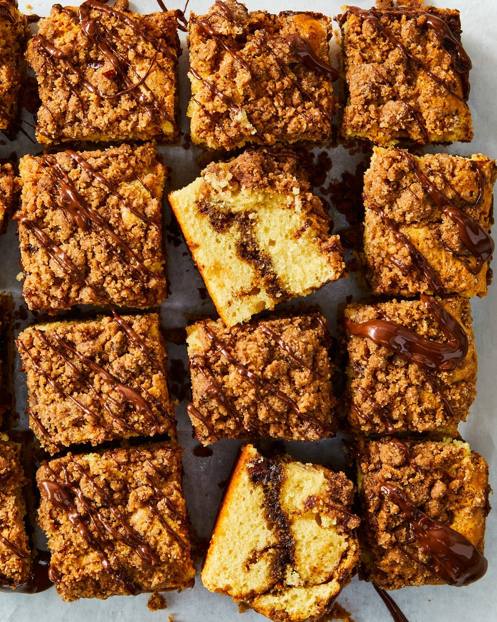 coffee cake with a chocolate swirl and chocolate topping