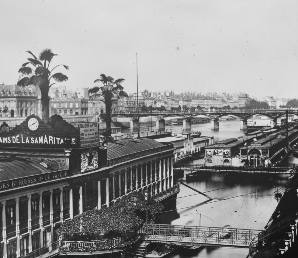 the bains de la samaritaine, a floating bath house on the river seine in paris, france, circa 1880 a view from the pont neuf photo by archive photosgetty images
