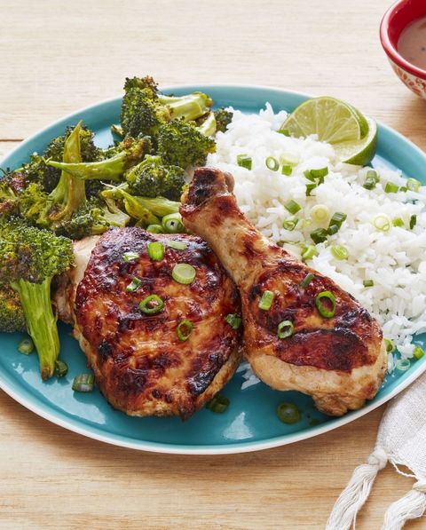 sheet pan spicy peanut chicken and broccoli with rice