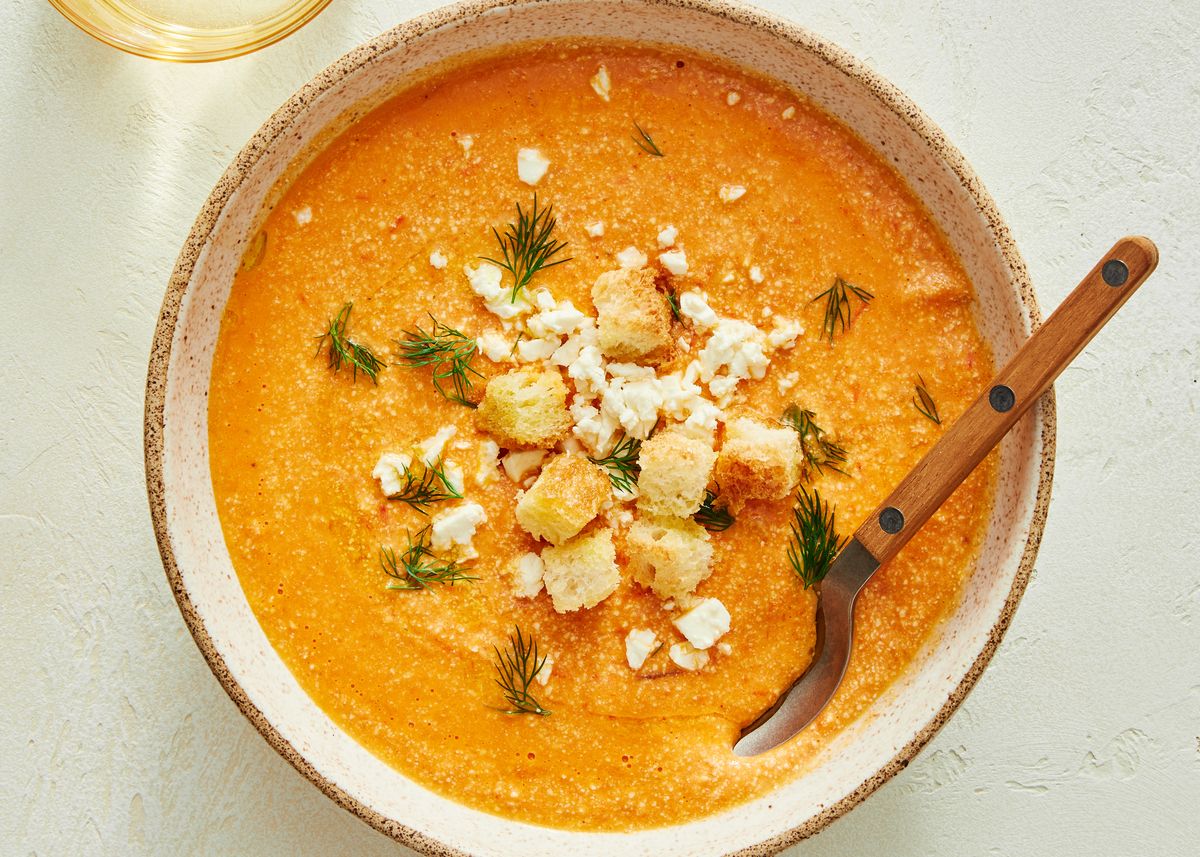 baked feta soup topped with breadcrumbs