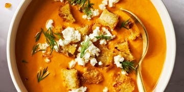 baked feta soup with crumbled feta and fresh dill