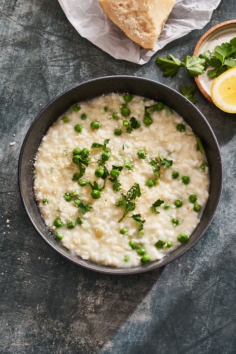 baked lemon risotto with peas and parmesan