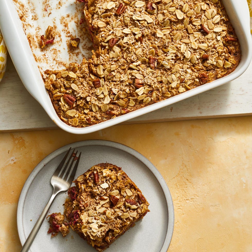 a casserole dish with a slice of baked oatmeal