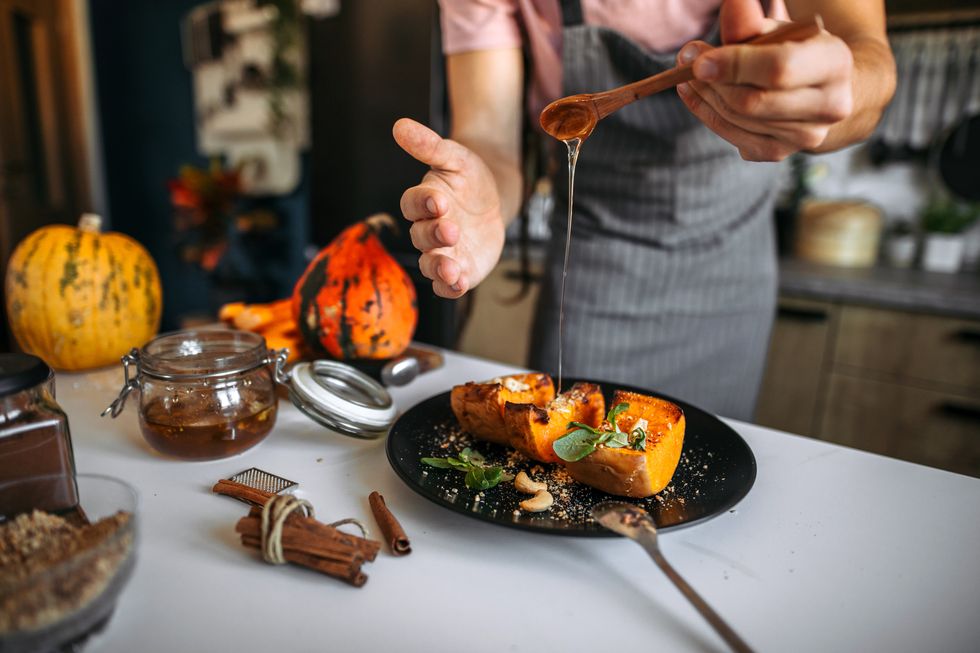 baked pumpkin, decorating holiday sweet on a plate