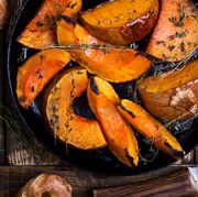 baked pumpkin in a cast iron skillet