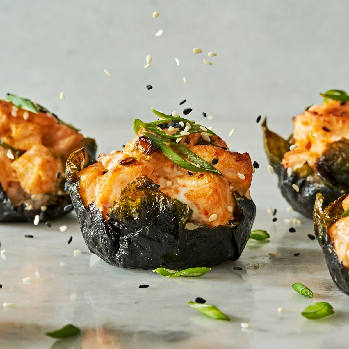 baked salmon sushi cups sprinkled with sesame seeds