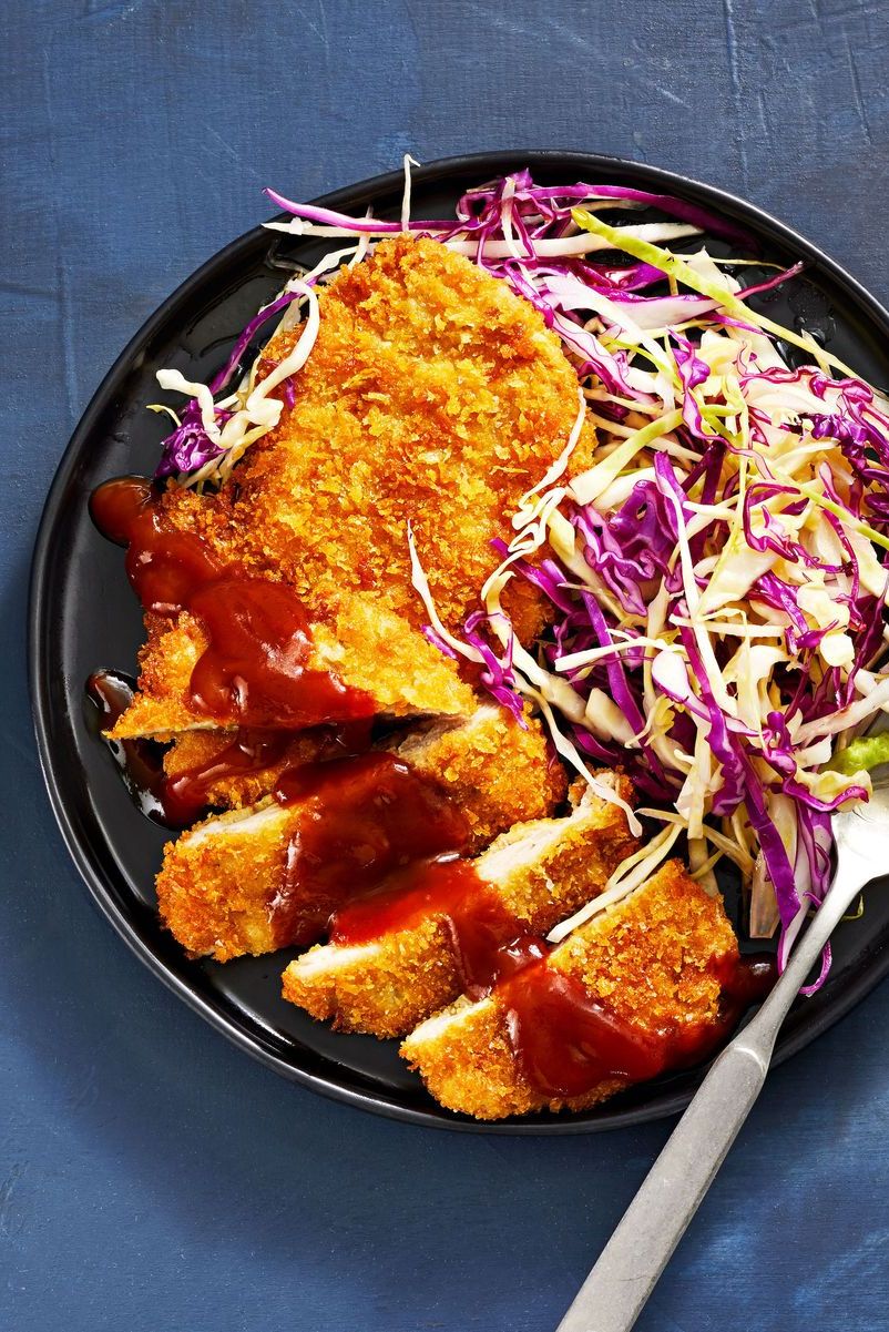 baked tonkatsu with a side of coleslaw