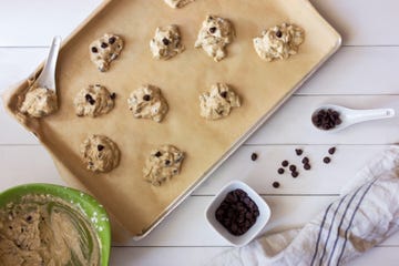 chocolate chip cookie dough on baking sheet