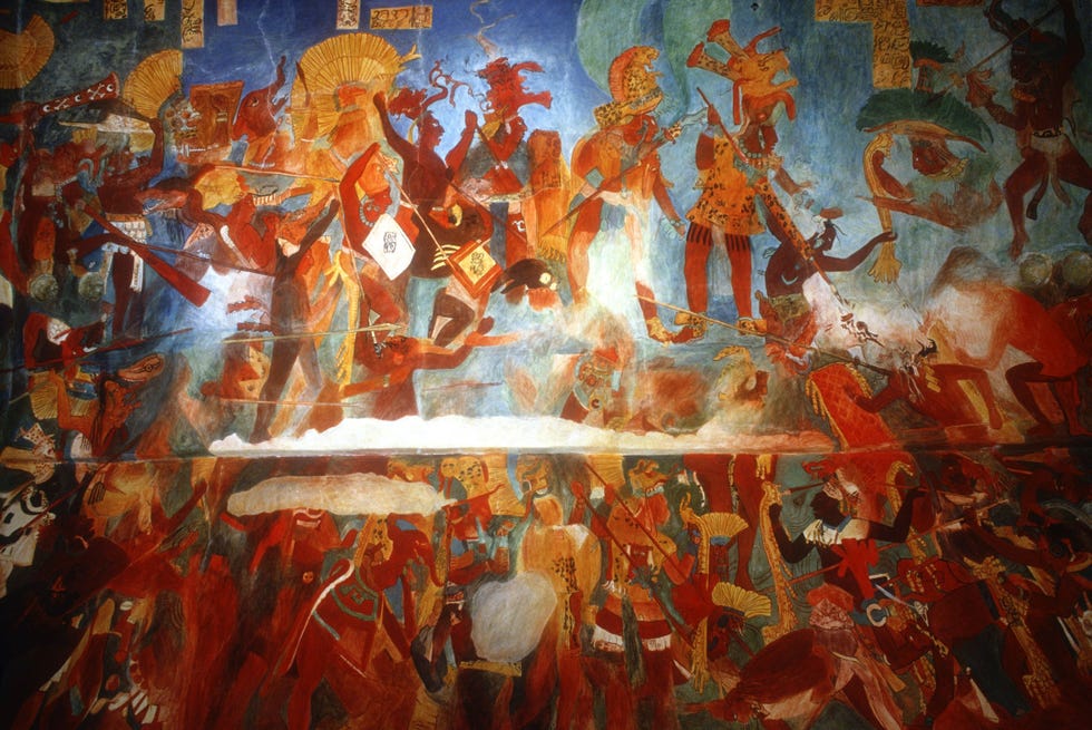 Een reproductie van een van de complexe en kleurrijke muurschilderingen die zijn aangetroffen op de wanden van de Tempel van de Muurschilderingen in Bonampak een archeologische Mayavindplaats in de Mexicaanse deelstaat Chiapas Op de muren van alle drie zalen van de tempel verhalen de muurschilderingen van oorlogen en feesten in het oude rijk