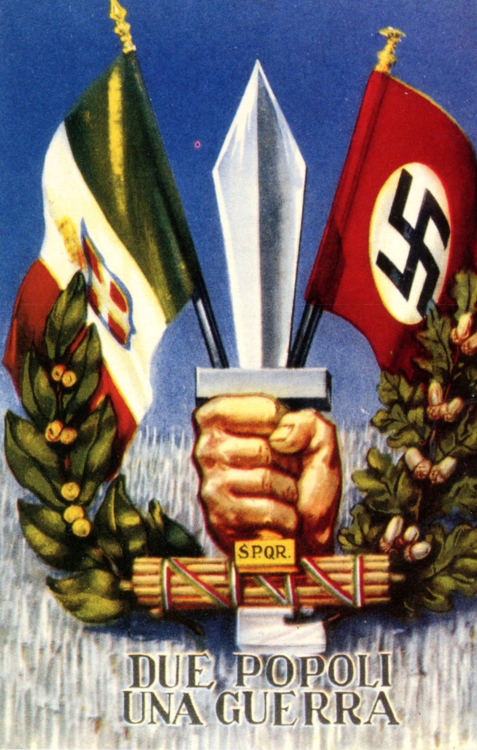 Op een propagandaposter uit de Tweede Wereldoorlog wordt het bondgenootschap tussen Itali en naziDuitsland gevierd De slogan onderaan Due popoli una Guerra  betekent Twee volkeren n oorlog