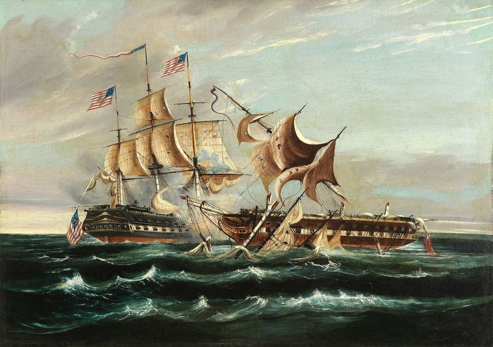 In de Oorlog van 1812 entert de USS Constitution het Britse fregat HMS Guerrire Volgens de overlevering zagen matrozen aan boord van de Constitution hoe vijandelijke kanonskogels afketsten op de romp van hun schip waarna ze het de bijnaam Old Ironsides gaven