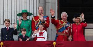 l r britains prince george of wales, britains catherine, princess of wales, britains prince louis of wales, britains prince william, prince of wales, britains princess charlotte of wales, britains king charles iii and britains queen camilla wave from the balcony of buckingham palace after attending the kings birthday parade, trooping the colour, in london on june 17, 2023 the ceremony of trooping the colour is believed to have first been performed during the reign of king charles ii since 1748, the trooping of the colour has marked the official birthday of the british sovereign over 1500 parading soldiers and almost 300 horses take part in the event photo by adrian dennis afp photo by adrian dennisafp via getty images