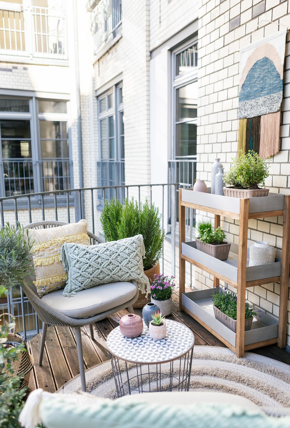 balcony ideas   small space balcony makeover, featuring boho styling, soft pastels and lots of layered texture