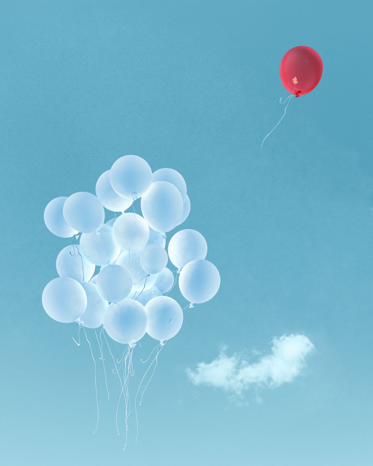 red balloon flying away from white balloons against blue sky