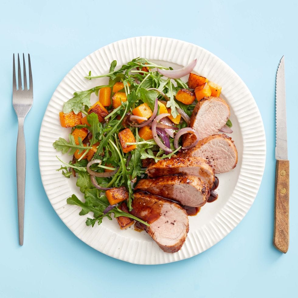 balsamic glazed pork with roasted butternut squash salad on the side