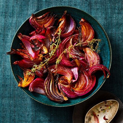 vegan balsamic roasted red onions in a blue bowl