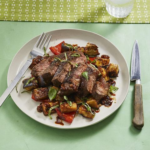 balsamic steak with eggplant and peppers
