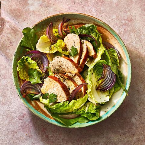 balsamic chicken and onion salad in a pretty bowl