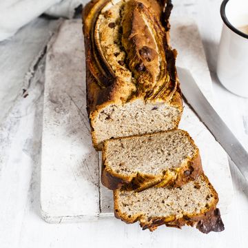 banana bread and cup of coffee