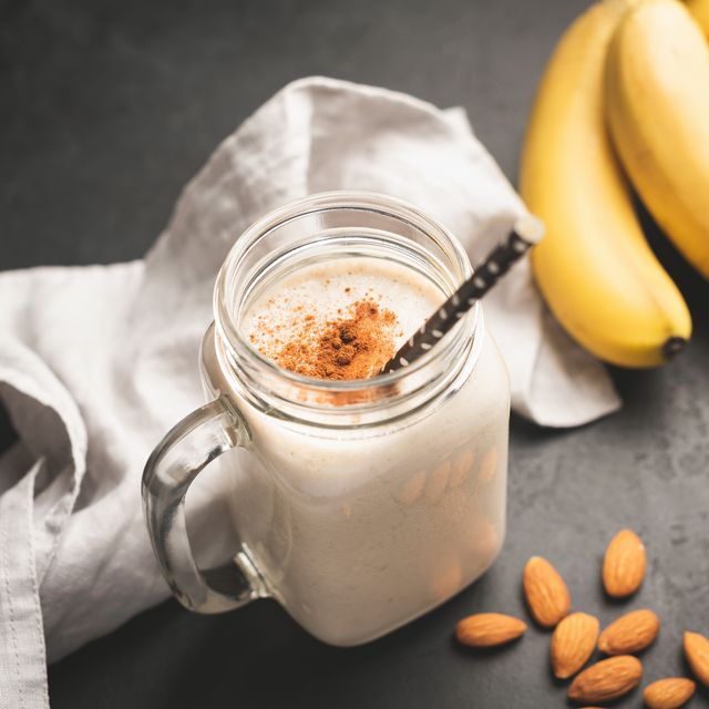 Banana Smoothie Or Protein Shake In Drinking Jar