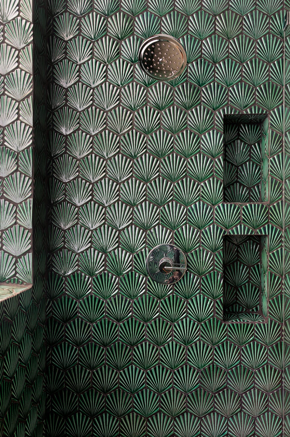blue patterned shower tile