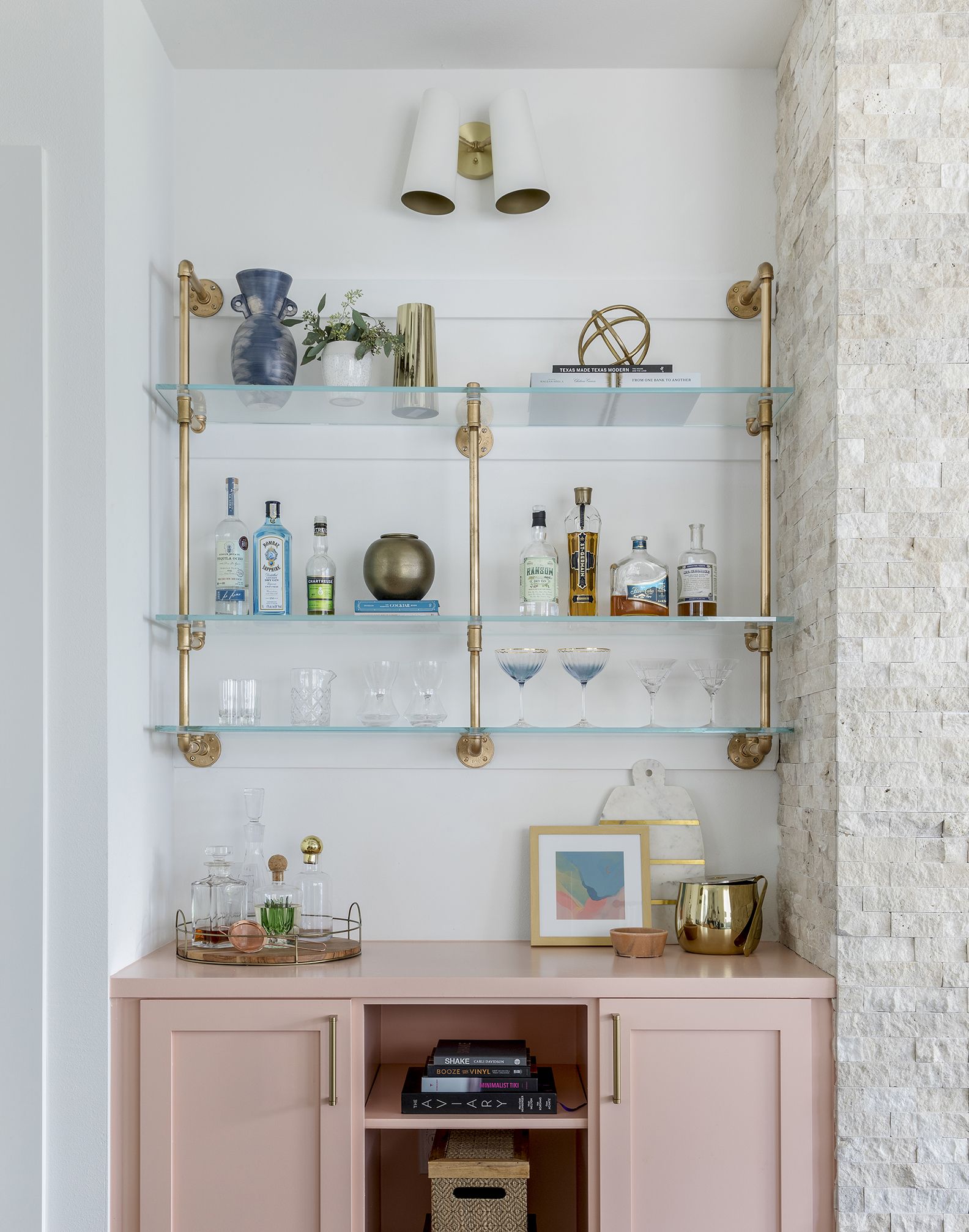 Wet Bar Thin Floating Shelves with Brass Shelf Rail - Simply