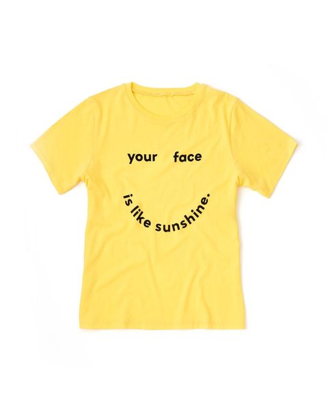 T-shirt, Clothing, Yellow, White, Product, Facial expression, Smile, Text, Font, Sleeve, 