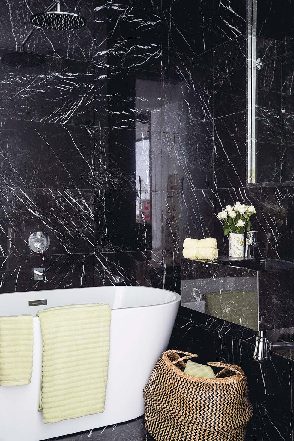 Black, Room, Bathroom, Yellow, Interior design, Tile, Material property, Black-and-white, Wicker, Flowerpot, 