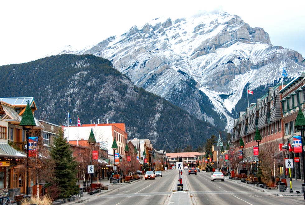 banff avenue retail area in banff, alberta winter