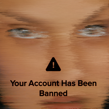 a blurry woman's face shown under a notification that she has been banned from a dating app