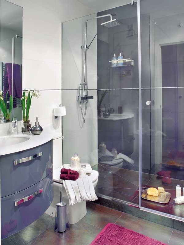 Bathroom, Room, Purple, Property, Interior design, Violet, Floor, Plumbing fixture, Furniture, Shower door, 