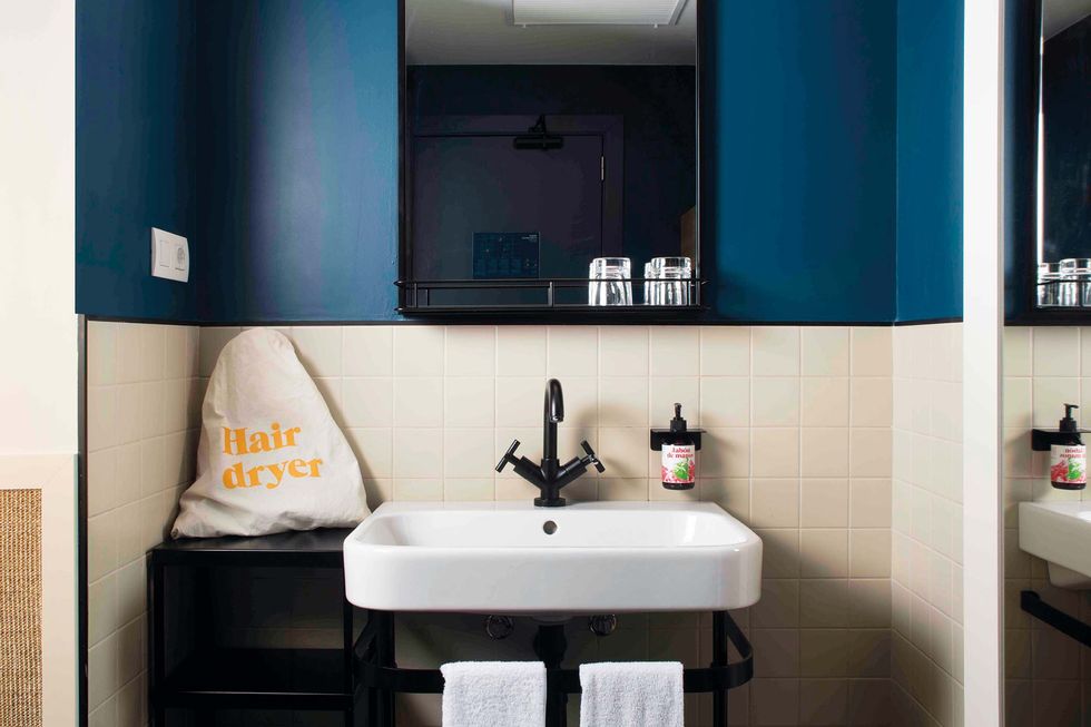 Bathroom, Room, Sink, Property, Black, Blue, Interior design, Tap, Turquoise, Bathroom cabinet, 