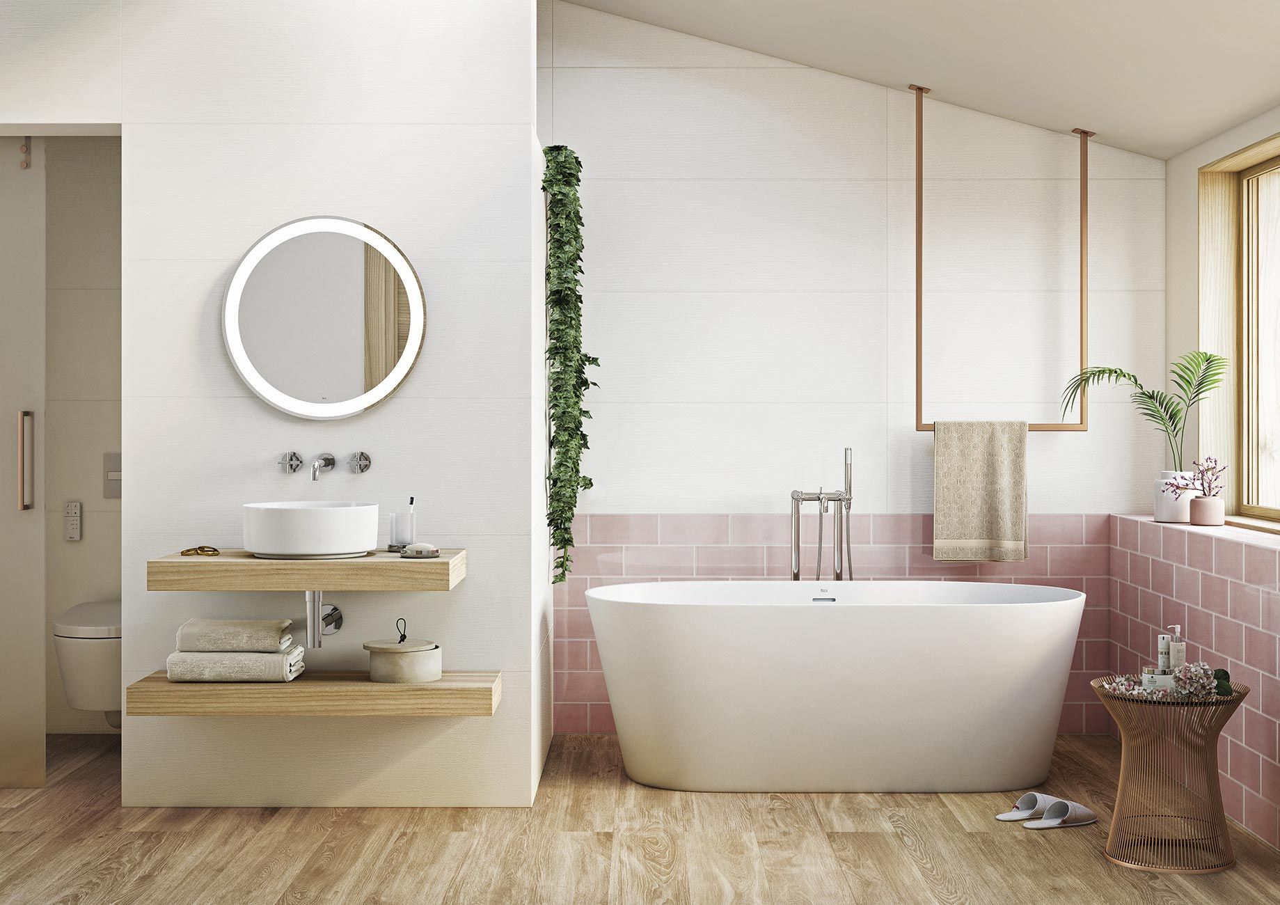 Baño pequeño con lavabo de resina de una pieza sobre muebles de roble con  cajoneras, bañera con cortina de plástico blanca y sanitarios de porcelana