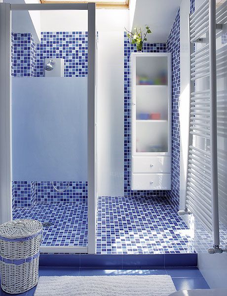Blue, Tile, Bathroom, Room, Floor, Majorelle blue, Architecture, Flooring, Door, Interior design, 