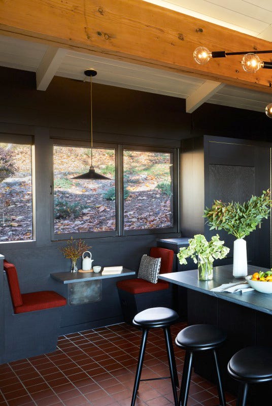 mid century modern black banquette dining nook