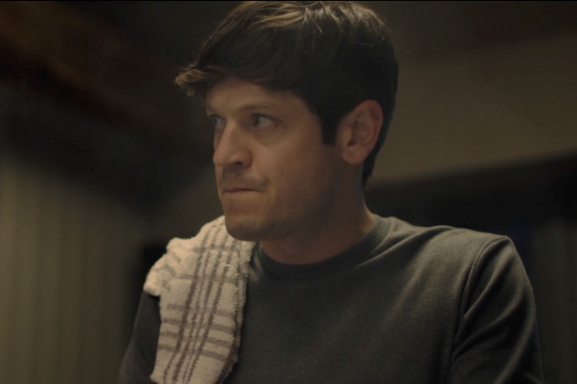 barbarians adam, played by iwan rheon, looking nervous with a towel over his shoulder