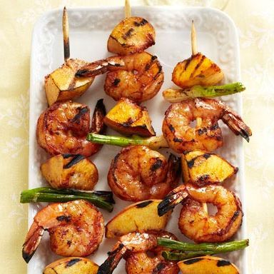 barbecued shrimp and peach kabobs