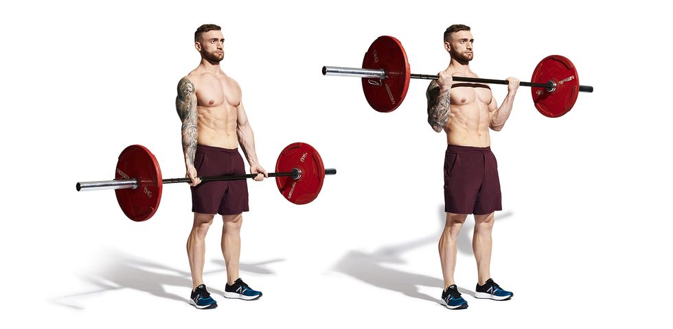 muscular young man lifting weights outside barbell curl