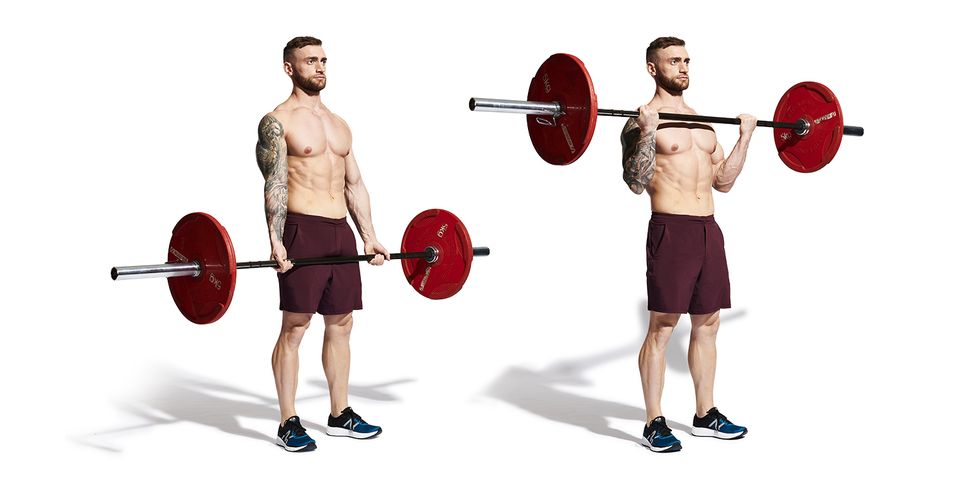 muscular young man lifting weights outside barbell curl