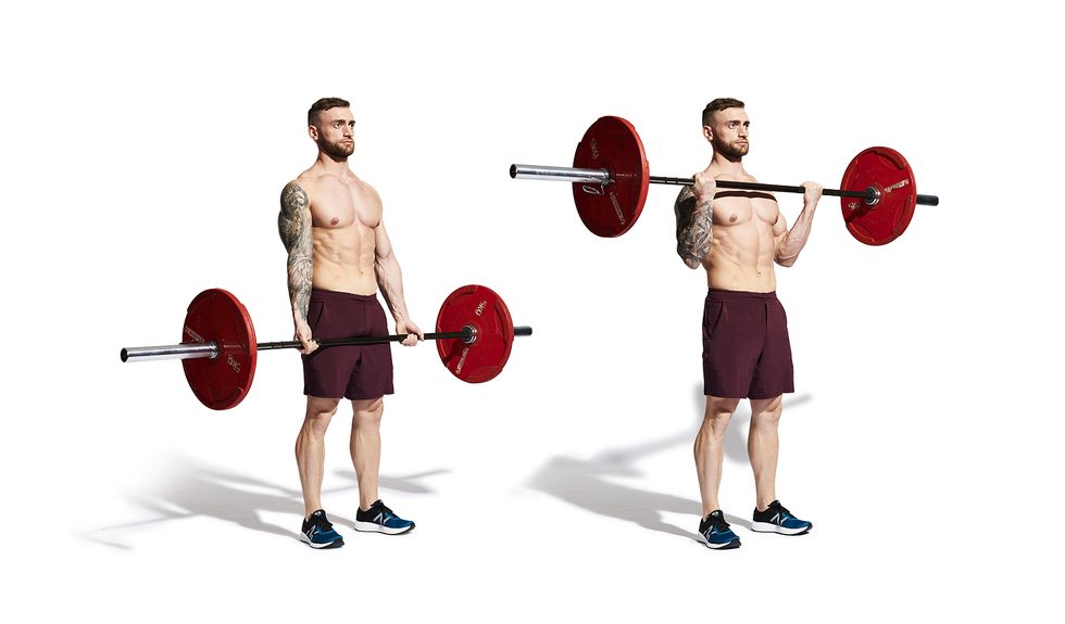 Muscular young man lifting weights outside barbell curls