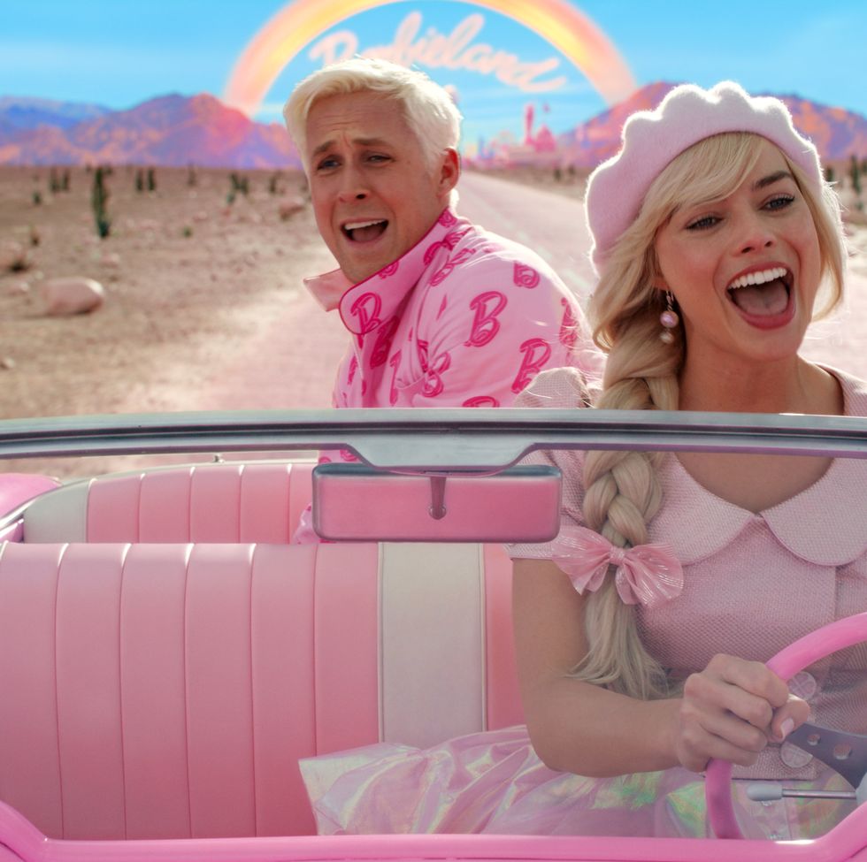 barbie and ken in convertible from the barbie movie