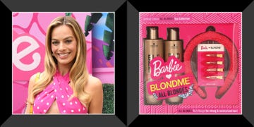 margot robie at barbie press event, barbie x blondme hair kit