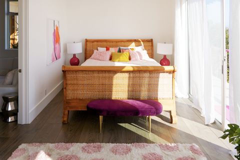Furniture, Room, Bedroom, Bed, Property, Interior design, Product, Bed frame, Pink, Floor, 